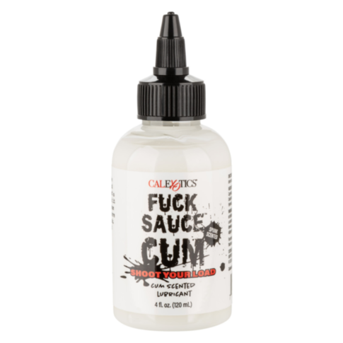 A 4 oz bottle of cruelty-free lubricant named Fuck Sauce Cum Scented, featuring the phrase Shoot Your Load. It has a black cap with a nozzle and comes in a white container adorned with black and red text, showcasing a paint splatter design. Its water-base