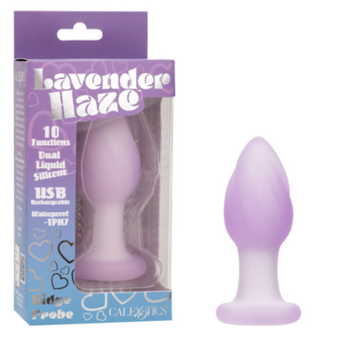 The Cal Exotics-Lavender Haze Ridge Probe, a lavender silicone vibrating probe with 10 functions, USB rechargeable design, waterproof features, pH7 compatibility, and a flared base is shown beside its packaging.