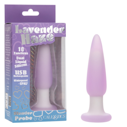 The Cal Exotics-Lavender Haze Slender Probe is elegantly shown with its box, highlighting features like 10 Functions, Dual Liquid Silicone, and USB Rechargeable. This lavender vibrating probe is fully waterproof for versatile enjoyment.