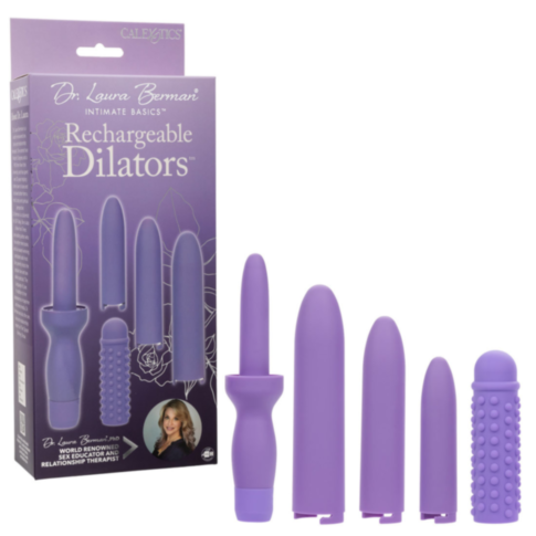 A set of rechargeable vibrating dilators in various sizes, displayed alongside their packaging, with a premium silicone sleeve. The box prominently features the name Cal Exotics-Dr Laura Berman Rechargeable Dilators Set.