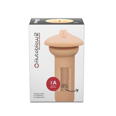 This box presents the Autoblow 2, a popular male sex toy. The packaging features an image of the product and emphasizes Size A, with instructions for selecting your size. Noteworthy details include contents: one Autoblow 2+ and a reusable, interchangeable