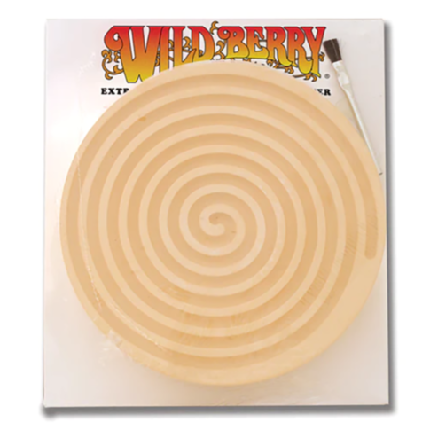Image not provided. The Incense Powder Burner spiral x large features a stylized rocket-like icon with a spiral design, pointing upwards within a circular border, surrounded by stars on a green background.