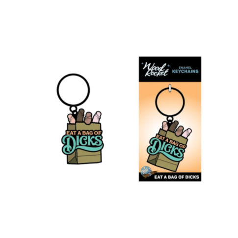 Check out the Wood Rocket-Eat A Bag Of Dicks Keychain, a novelty accessory featuring a cartoon paper bag filled with phallic-shaped chocolates. This funny enamel keychain, branded under Wood Rocket Enamel Keychains, is certain to ignite laughter and conve