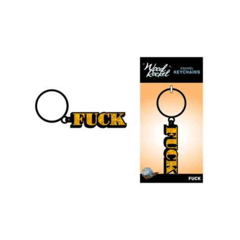 The Wood Rocket-Fuck Keychain, featuring striking letters spelling out "FUCK" in black and sparkling gold glitter enamel, is displayed alongside its packaging that reflects the same bold design.