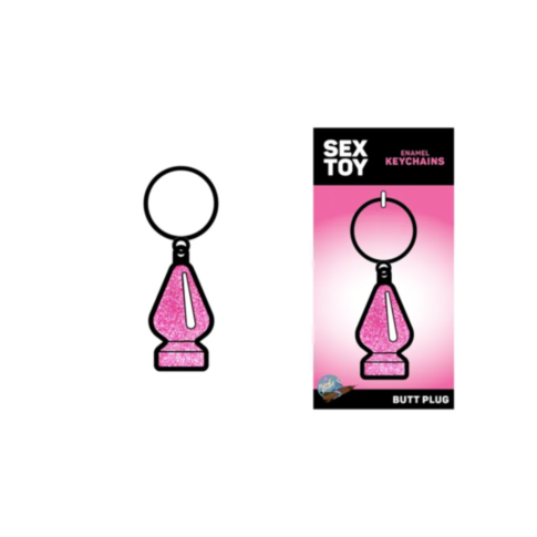 The Wood Rocket-Pink Butt Plug Keychain, featuring a glitter accent, is showcased on the left. Its packaging on the right prominently displays "SEX TOY Enamel Keychains," with "BUTT PLUG" highlighted at the bottom.