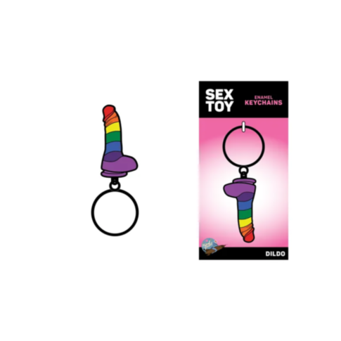 Illustration of a vibrant rainbow keychain from Wood Rocket featuring a mini toy resembling a dildo, celebrating LGBTQ Pride. The packaging on the right side shows the product labeled as Sex Toy Enamel Keychains with a matching colorful design.