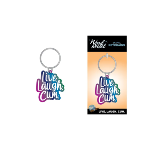 The Wood Rocket-Live-Laugh-Cum Keychain, an enamel design featuring the phrase in vibrant colors, is showcased. To the right, the packaging complements with a matching rainbow metallic keychain design against a light orange backdrop.
