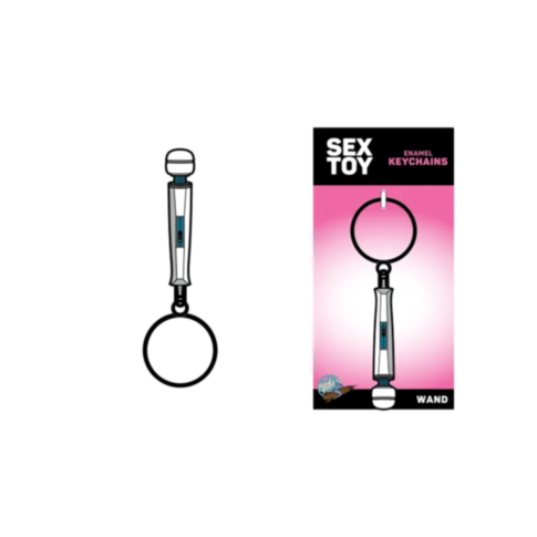 Image of a metallic wand-shaped enamel keychain with white tips and black details. This novelty accessory is the Wood Rocket-Wand Keychain, presented on a stylish pink and black packaging card.