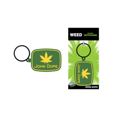 The Wood Rocket-John Dope Keychain features a rectangular design with a bright green background and a yellow marijuana leaf, along with the name John Dope, combining humor and style in this parody accessory. The packaging reflects the same creative design