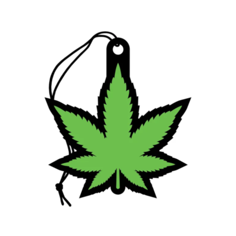 An illustration of the Wood Rocket-Air Freshener-Green Leaf, showcasing a green leaf design with a black outline and a string for hanging. The imagery captures the essence of a Fresh Forest Scent against a plain white backdrop.