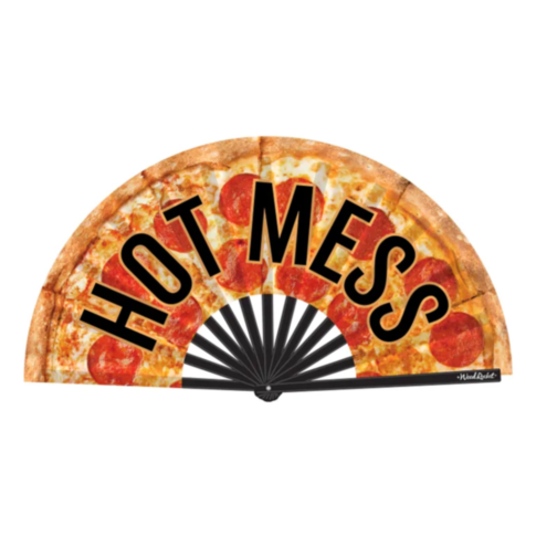 Introducing the Wood Rocket-Hot Mess Fan, a folding hand fan featuring a lively pepperoni pizza design with "HOT MESS" prominently displayed across the middle. This fan is made from smooth satin material and includes a sleek black handle for comfortable h