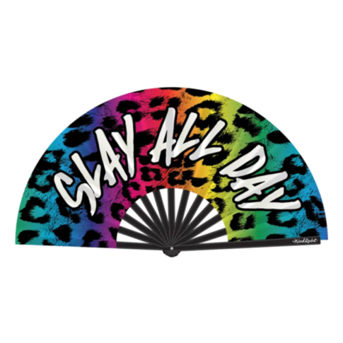The Wood Rocket-Slay All Day Fan is a vibrant folding hand fan that features a striking rainbow zebra pattern with bold white text spelling "Slay All Day" across the front.