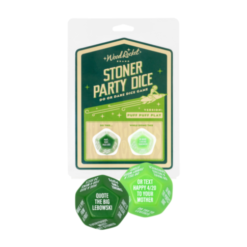The Stoner Party Dice by Wood Rocket includes two green dice with prompts such as 
