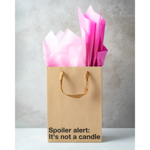Against a neutral backdrop, the Wood Rocket-Not A Candle Bag sports pink tissue paper peeking out of its brown exterior. Its playful message, 