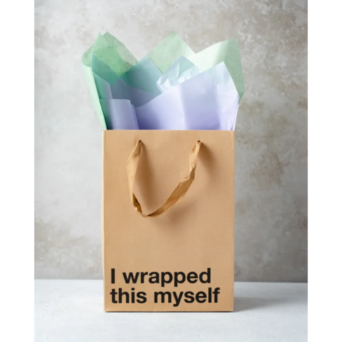 The Wood Rocket-Wrapped This Myself Bag, featuring a brown design with the cheeky message 