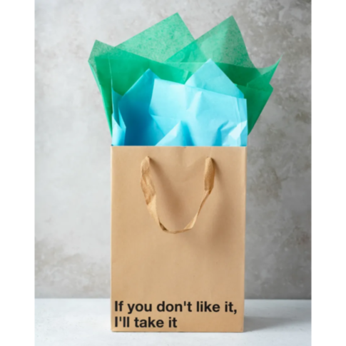 The Wood Rocket-If You Don't Like This Bag, a brown paper gift bag with matching brown handles, is adorned with green and blue tissue paper for an ideal snarky gift. The phrase 