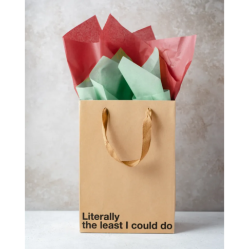 The Wood Rocket-Literally The Least Bag features snarky text reading "Literally the least I could do," making it perfect for gag gifts. It comes with rope handles and includes green and red tissue paper, all set against a soft, muted background.