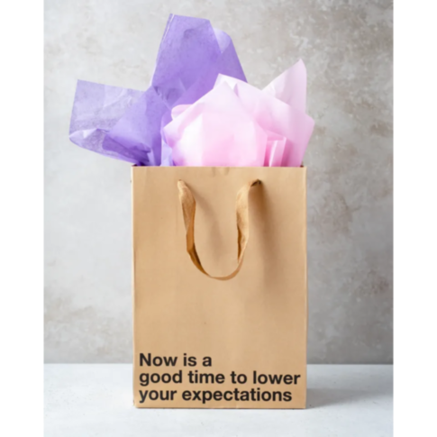 The Wood Rocket-Lower Your Expectations Bag, featuring a snarky message, is a brown paper gift bag filled with purple and pink tissue paper, perfect as a white elephant gift. It stands on a light surface against a plain, neutral background.