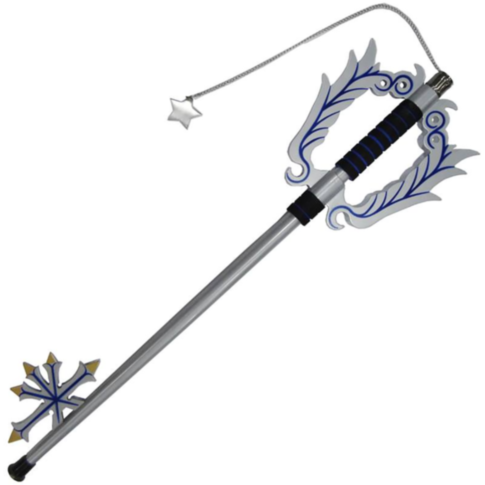 Redeemer of the Heartless Giant Metal Fantasy Key Sword with intricate blue and silver designs, featuring a star-shaped charm on a chain at the top and an ornate cross at the base. The handle is wrapped in black material, embodying the elegance of a Chain