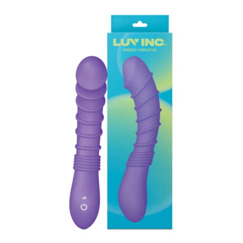 The Luv Inc-RV21 Ribbed Curved Vibrator-Purple, made from premium silicone, is displayed alongside its sophisticated packaging. The vibrator includes a control button at the base and offers 10 vibration modes, with a design that highlights prominent ridge