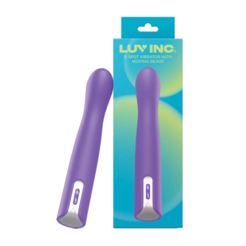 The Luv Inc-GB63 G-Spot Vibe with Moving Beads in purple, crafted from premium silicone, is showcased with its packaging that bears a similar image and the brand name LUV INC. The package features a background of blue and green gradient circles.