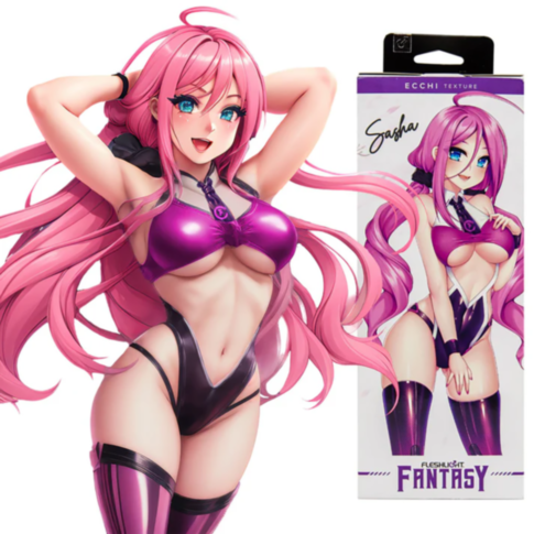 Anime-style character Sasha Nakamoto, with long pink hair and a purple outfit, stands next to a matching product box labeled Fleshlight Fantasy-Sasha Nakamoto Ecchi. She strikes a confident pose, showcasing her vibrant and energetic design.