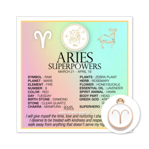The Zodiac Aries Card w Charm infographic showcases the captivating allure of the Ram, linked to the dynamic fiery element and number 9. It presents the vibrant red Aries card along with its tarot symbol, The Tower, diamond birthstone, and Manipura chakra