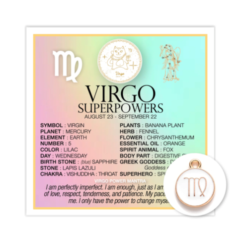 An infographic titled "Zodiac Virgo Card w Charm" highlights a Virgo symbol, along with its traits, plants, herb, flower, color, day, birthday stone, powers, challenge, and power mantra. It is adorned with icons of a cat surrounded by stars and constellat