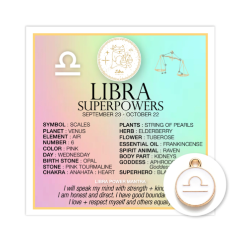 Image showcasing the Zodiac Libra Card w Charm on a pastel gradient background, embellished with a zodiac charm. It features symbols, personality traits, element, color, compatibility, healing crystal, plant, flower, essential oil, and mantra associated w