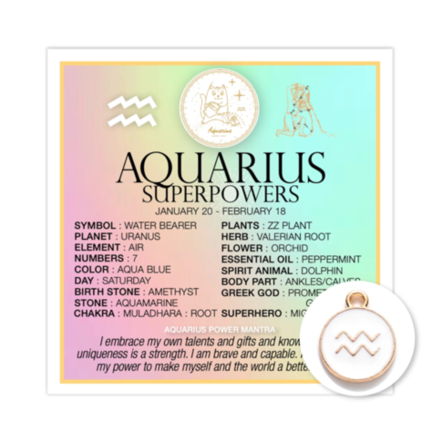 The Zodiac Aquarius Card with Charm features a lively chart decorated with the dates January 20 - February 18. It highlights various symbols, planets, elements, numbers, days, ruling stones, flowers, essential oils, body parts, traits, archetypes, Greek g