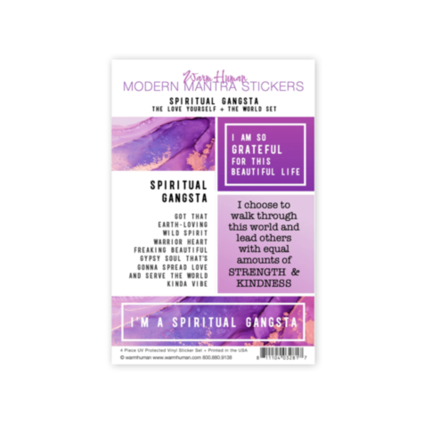 Introducing the Spiritual Gangsta 5pc Sticker Set, a luxurious collection featuring modern inspirational mantras such as "Spiritual Gangsta" and "I am so grateful for this beautiful life," set against a stunning purple and pink watercolor backdrop. The su