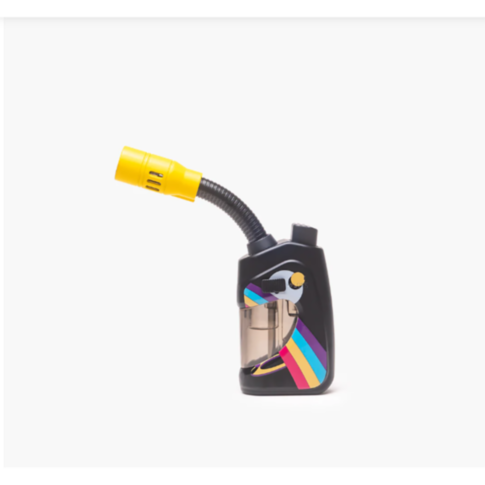 The Special Blue Fire Bender Lighter is a compact black tabletop torch with a flexible yellow nozzle, a clear chamber, and diagonal rainbow stripes, shown against a plain white background.
