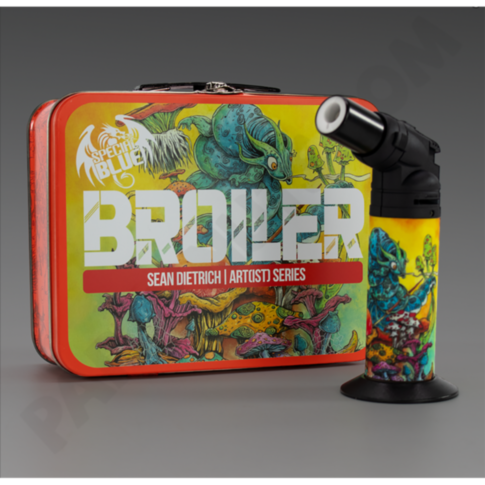 A vibrant Special Blue - Broiler Artist Series torch and lunchbox with fantasy-style creature and plant art by Sean Dietrich, dynamic flame shown, set against a gray background.
