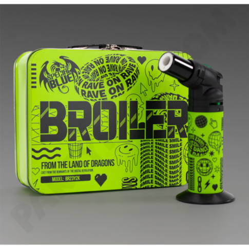 The Special Blue - Broiler - Y2K is a neon green torch with a matching case, decorated in bold black Y2K graphics—smiley faces, abstract shapes, and phrases like “BROILER,” “FROM THE LAND OF DRAGONS,” and “RAVE ON RAVE ON.”.