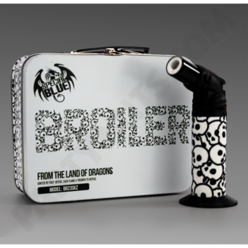A Special Blue - Skulls metal lunchbox and handheld torch, both featuring bold black-and-white skulls and Specter Blue Broiler text, combine striking style with flame-inspired flair.