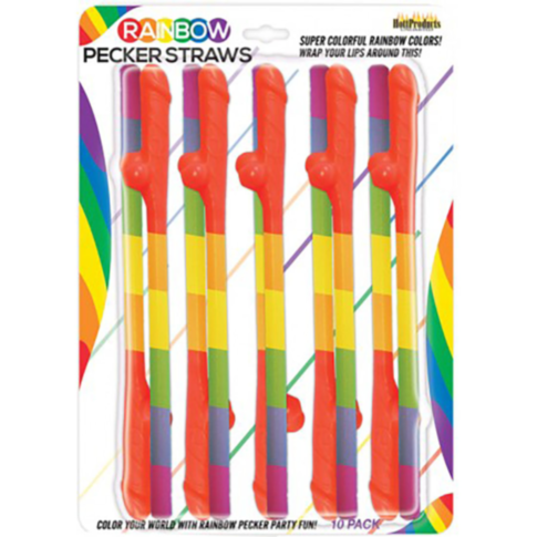 A set of ten rainbow-striped novelty straws with a playful design, ideal for party favors. The packaging features vibrant graphics and bold text showcasing the Rainbow Pecker Straws 10pk, crafted to enhance party enjoyment.