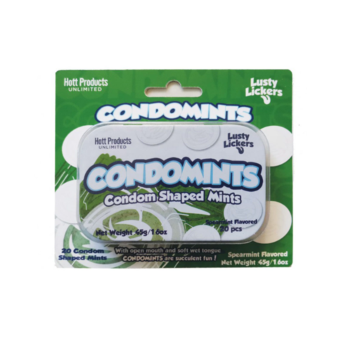 A tin labeled Condimints-Spearmint Condom Shaped Mints by Hott Products Unlimited contains 20 refreshing spearmint-flavored breath mints, featuring a playful design with green packaging and white accents.