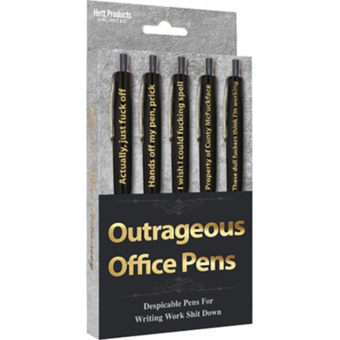A package of four black novelty pens, each featuring assorted sayings that are both humorous and bold. The packaging proudly reads Outrageous Office Pens and Despicable Pens for Writing Work Shit Down.