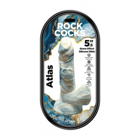 The packaging of the Rock Cocks-Atlas Marble Silicone Dildo 5.5in showcases a marble-like design and emphasizes its textured surface, dependable suction cup base, and harness compatibility for an elevated experience.