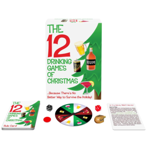 The 12 Drinking Games of Christmas box is shown with cards, a spinner, dice, and a small cup in front. Festively decorated, it’s perfect for holiday drinking games and features fun holiday-themed drinks.