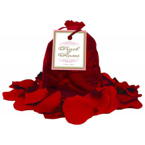 The Trail of Roses features a red velvet drawstring bag labeled Trail of Roses, surrounded by artificial red rose petals, ideal for setting a romantic mood or creating the perfect intimate atmosphere.