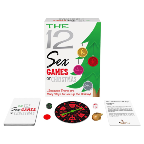 The 12 Sex Games of Christmas includes a festive Naughty Holidays-themed box with cards, spinner, tokens, die, and instructions—perfect for playful couples looking to spice up the season.