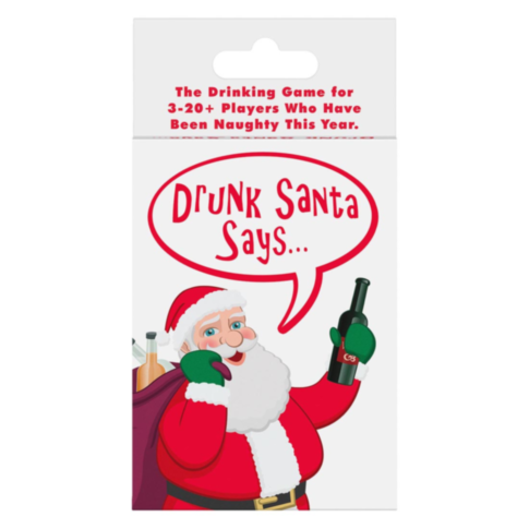 Graphic with a green background showcasing a light gray rocket inside a circle, adorned with stars and a planet. Above it, the whimsical text "Drunk Santa Says No Image" playfully ties into the theme of the Drunk Santa Says Card Game.
