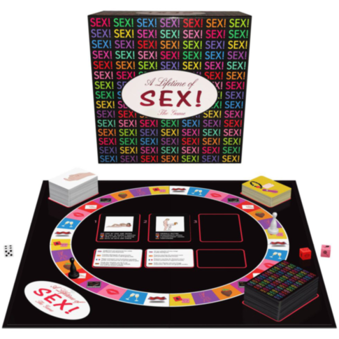 A board game called A Lifetime Of SEX! features a vibrant box that prominently displays the word SEX! multiple times. The game set comes with a board, cards, dice, and assorted markers.