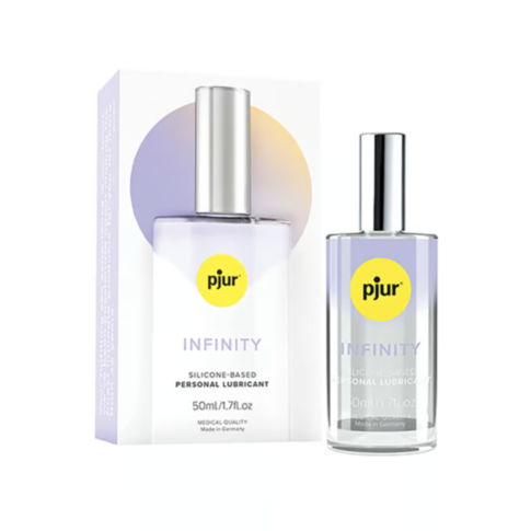 A clear glass bottle of pjur Infinity Silicone lubricant with a silver cap is displayed beside its box, both showing a yellow circle logo and purple gradient. Experience long-lasting lubrication with this dermatologically tested formula.
