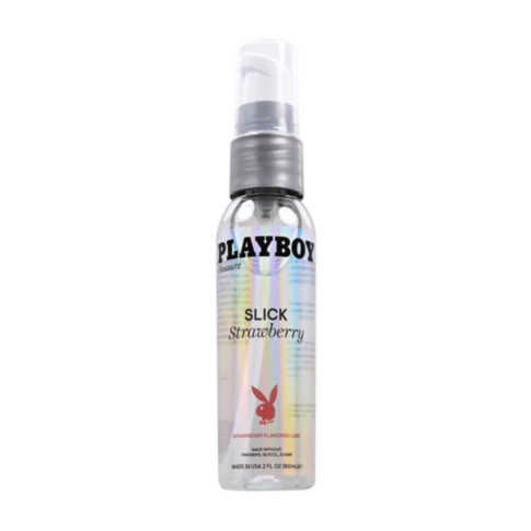 A green square with a light grey rocket and planet icon sits at the center, evoking a sense of adventure. Above this celestial design, the text "Playboy-SLICK Strawberry 2OZ" is displayed.