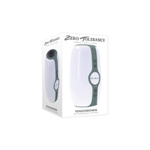 Box of a Zero Tolerance-Rechargeable Touchdown Stroker-White, featuring an image of the sleek device with dark accents and front buttons. Enjoy ultimate pleasure with this waterproof, rechargeable companion.