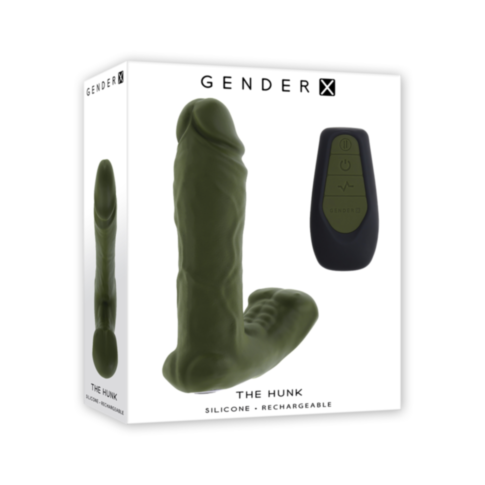 Product box for Evolved-Gender X Sil Rechargeable The Hunk-Dark Green, showcasing a realistic green silicone dildo and black remote. Packaging highlights multiple vibrating speeds for customizable pleasure and dual toy versatility.