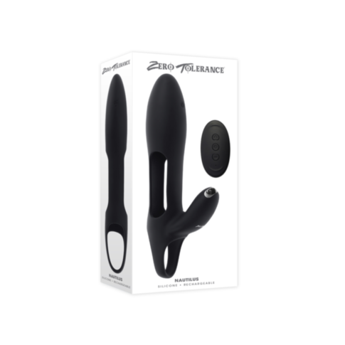 The Zero Tolerance-Nautilus Vibe Sleeve-Black is a rechargeable silicone and ABS vibrating toy with remote, shown on its white packaging labeled with the product name and featuring images from various angles.