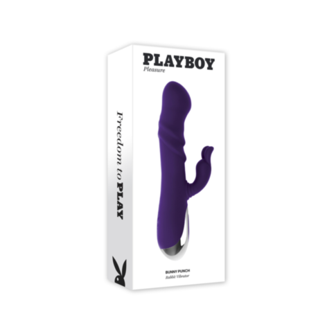 The box of the Evolved-Playboy Sil Recharge Bunny Punch Rabbit-Purple features a purple, silicone bunny-shaped vibrator. With a G-Spot head, it offers unrivaled satisfaction. The side reads Freedom to Play, subtly accompanied by a Playboy logo at the bott